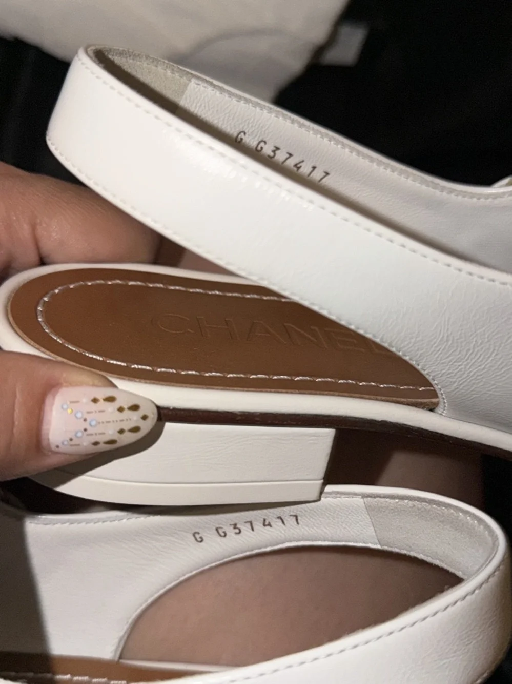 CHANEL White Leather Slingback Thong Sandals with Gold CC
